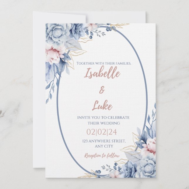 Blush et Blue Rose Gold Romance Faire-part de mari (Devant)