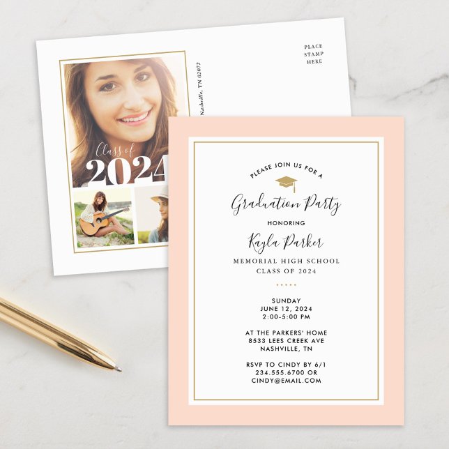 Blush et Gold 3 Photo Graduation Party Invitation (Créateur téléchargé)