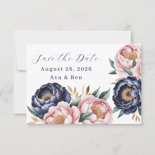 Blush et Navy Blue Peony Mariage Enregistrer la da (Devant)