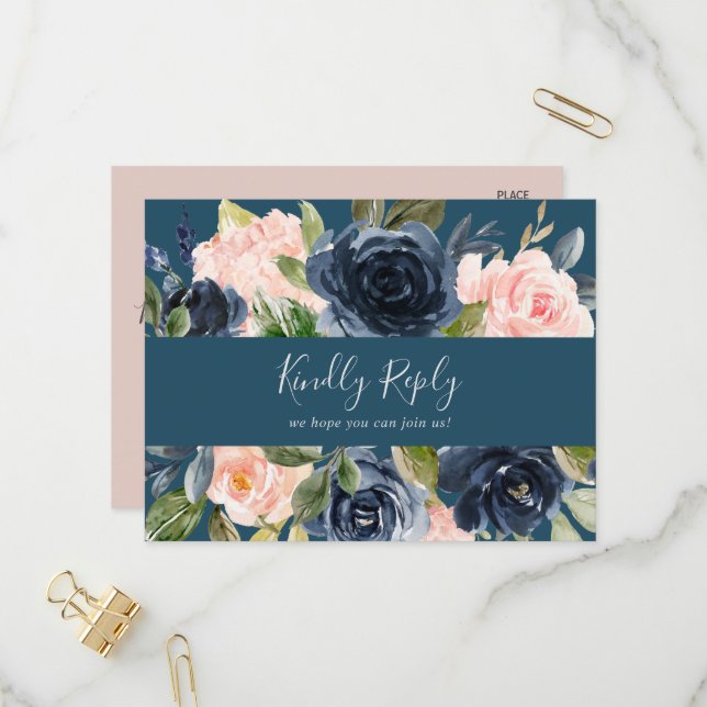 Blush et Navy | Carte postale RSVP au choix du men (Devant/Arrière en situation)