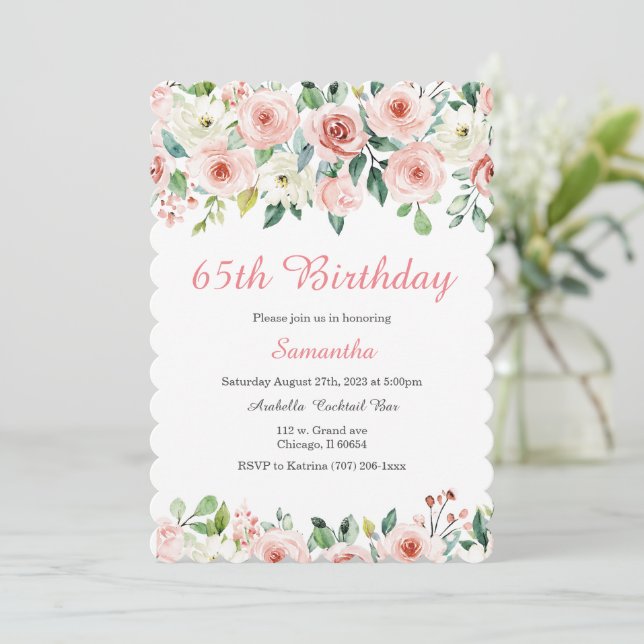 Blush Floral 65e anniversaire Invitation (Debout devant)