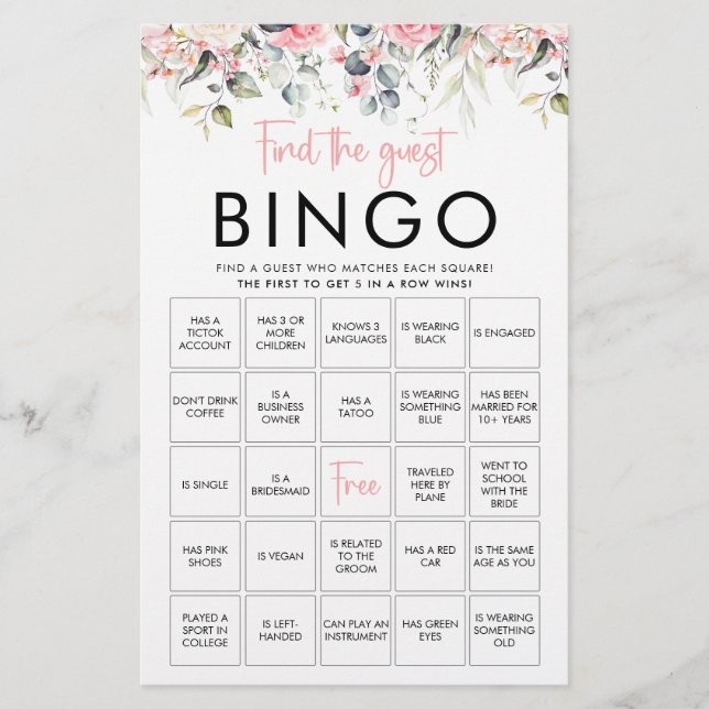 Blush Floral | Carte de jeu de Bingo pour invité à (Devant)