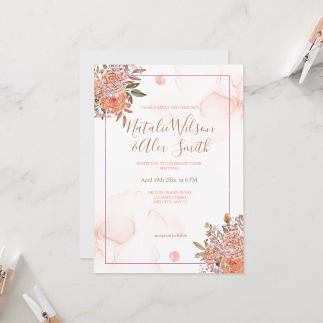 Blush Floral Glittery Faire-part de mariage (Devant/Arrière en situation)