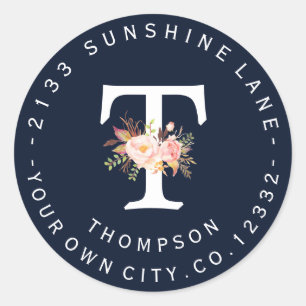 Blush Floral Navy Blue Monogram Étiquette de adres