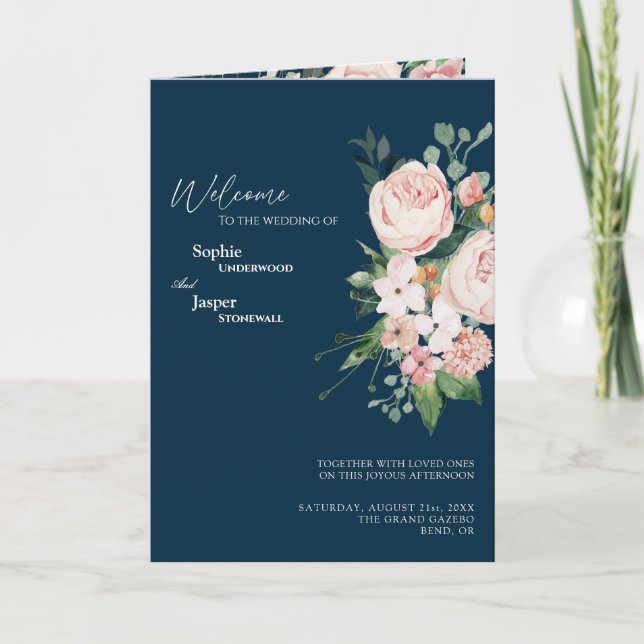 Blush Floral Navy Mariage Folle Programme (Devant)
