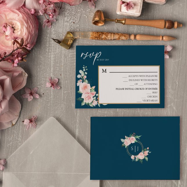 Blush Floral Navy Menu Mariage Carte RSVP (Créateur téléchargé)