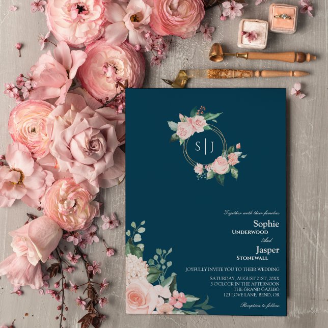 Blush Floral Navy Monogram Faire-part de mariage (Créateur téléchargé)