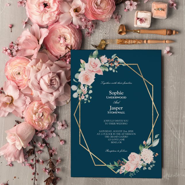 Blush Floral Navy simple Faire-part de mariage (Créateur téléchargé)