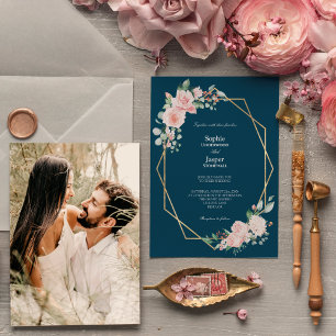 Blush Floral Navy simple photo Faire-part de maria