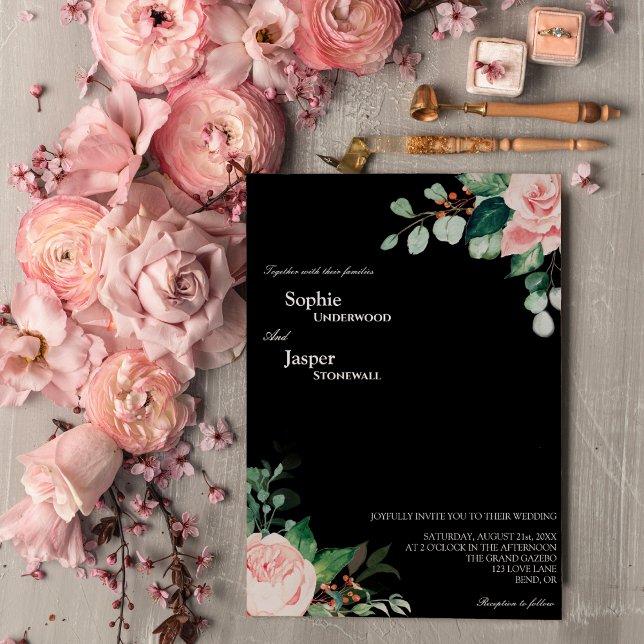 Blush Floral noir Faire-part de mariage (Créateur téléchargé)