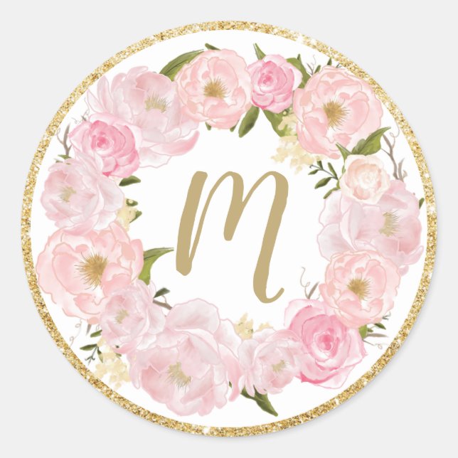 Blush Floral Nom initial Faveur Sticker Étiquettes (Devant)