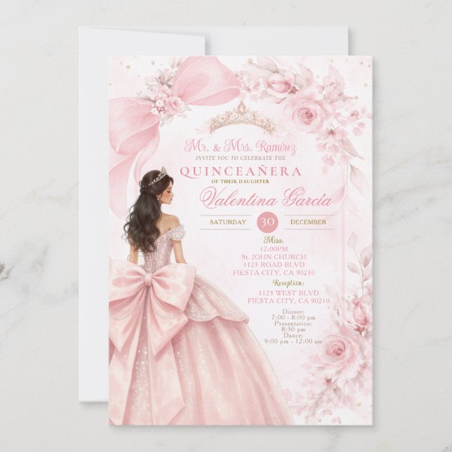 Blush Floral Pink Quinceañera Invitation (Devant)
