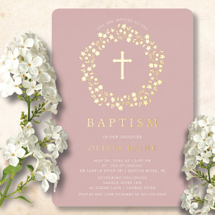 Blush Floral Premier Baptême Foil Invitation