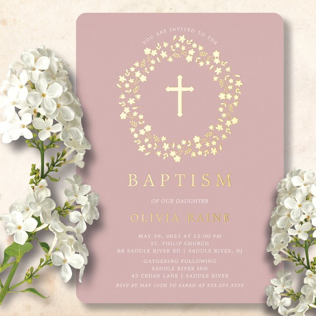 Blush Floral Premier Baptême Foil Invitation (Créateur téléchargé)