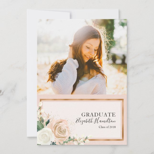 Blush Floral & Rose Gold Photo Grad Faire-part (Devant)