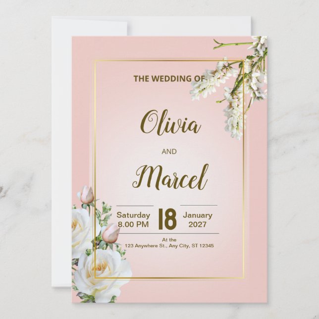 Blush Floral Wedding Invitation with Gold Frame (Devant)