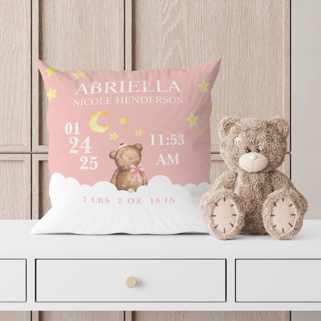 Blush Girl Teddy Bear Birth Stats Nursery Coussin (Créateur téléchargé)