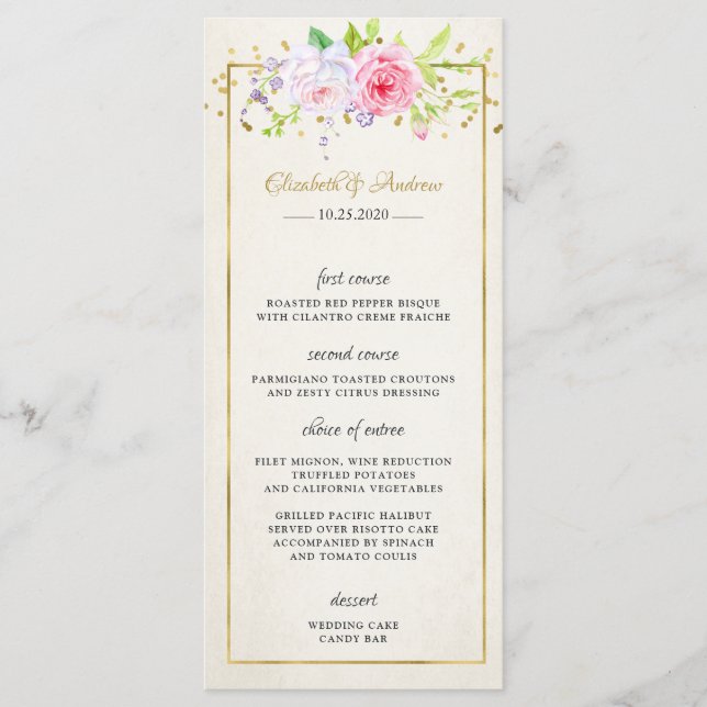 Blush Gold Floral Modern Gold Frame Mariage Menu (Devant)