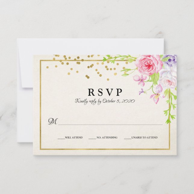 Blush Gold Floral moderne Gold Frame Mariage RSVP (Devant)