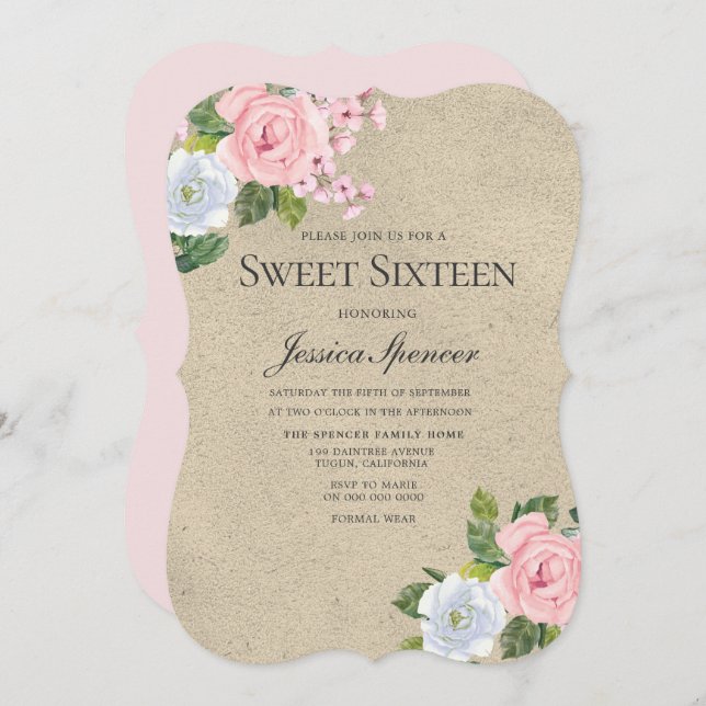 Blush & Gold Jolies Fleurs Douce 16 Invitation (Devant / Derrière)