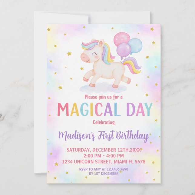 Blush Gold Unicorn Invitation Anniversaire (Devant)