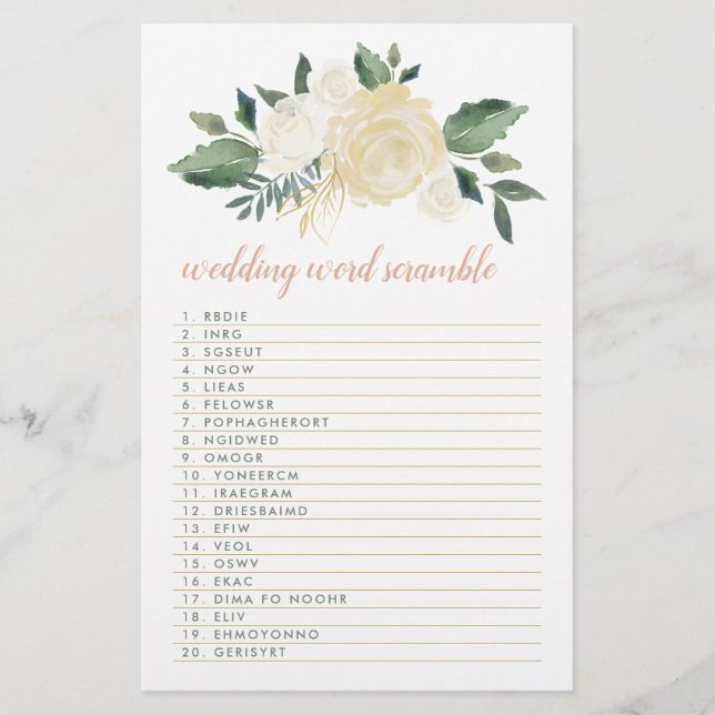 Blush Gold Vert Floral Mariage Mot Jeu Scramble (Devant)