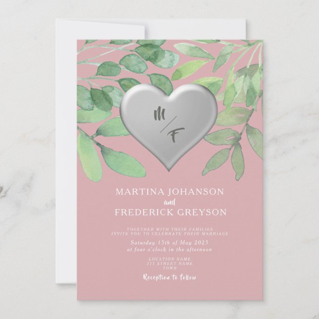 Blush Green Monogram Coeur Mariage Invitation (Devant)