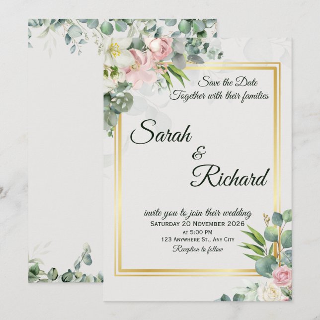 Blush Greenery Gold Frame Wedding Invitation (Devant / Derrière)
