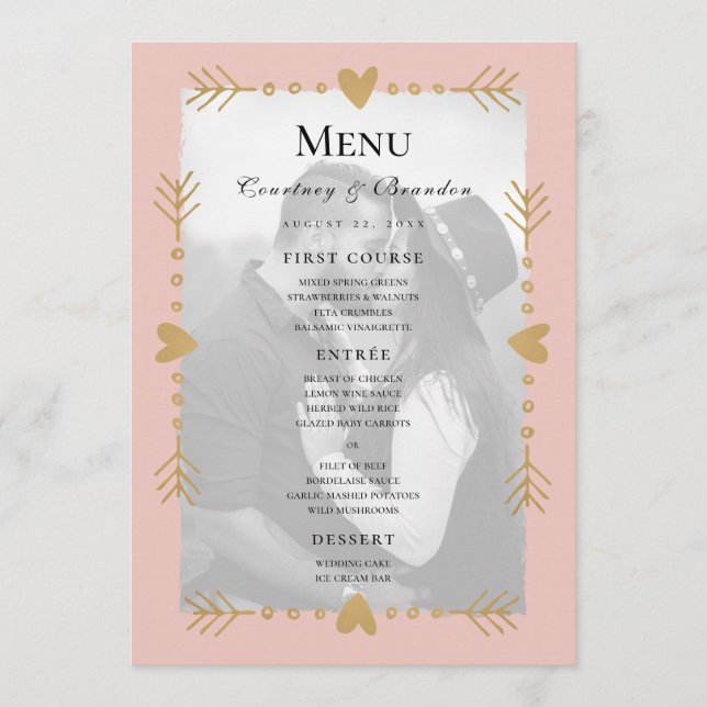 Blush Modern Photo Gold Hearts Menu Mariage (Devant)