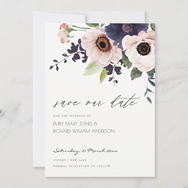 Blush Navy Anemone Floral Enregistrer la carte Dat (Devant)