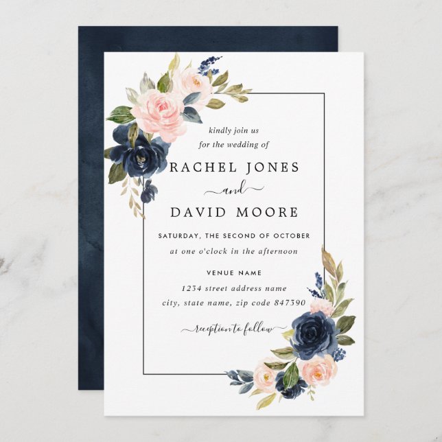 Blush Navy Floral Fleom Faire-part de mariage (Devant / Derrière)