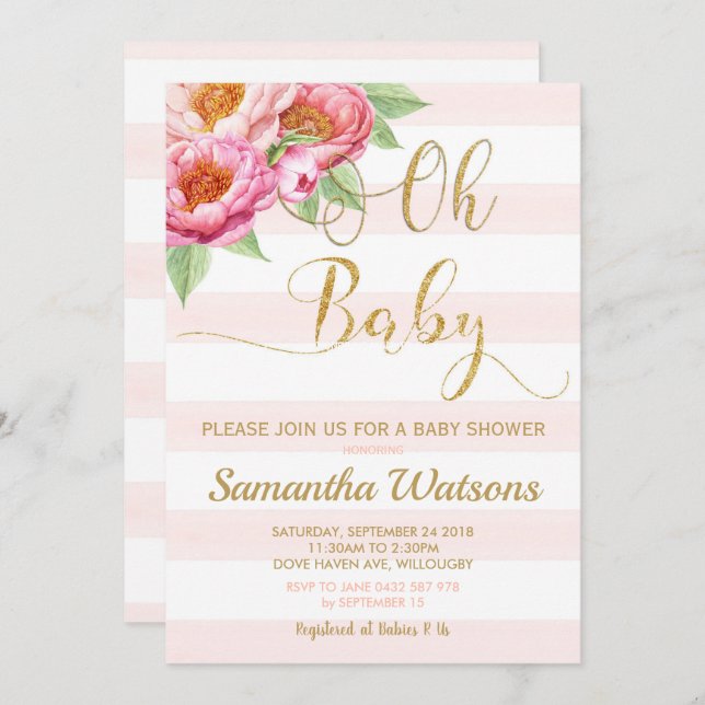 Blush Peony Floral Oh Baby shower Invitation Girl (Devant / Derrière)