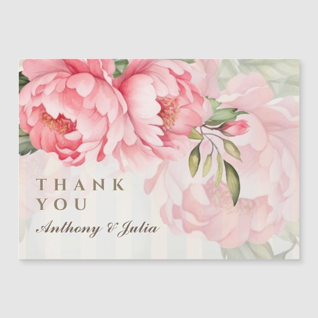 Blush Peony Striped Wedding Thank YouMagnetic Card (Devant)