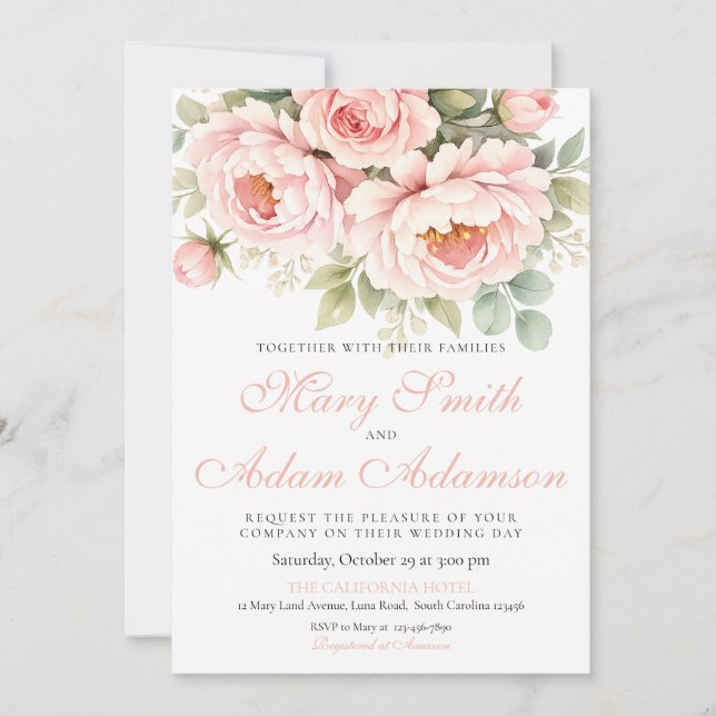 Blush Peony Watercolor Wedding Invitation (Devant)