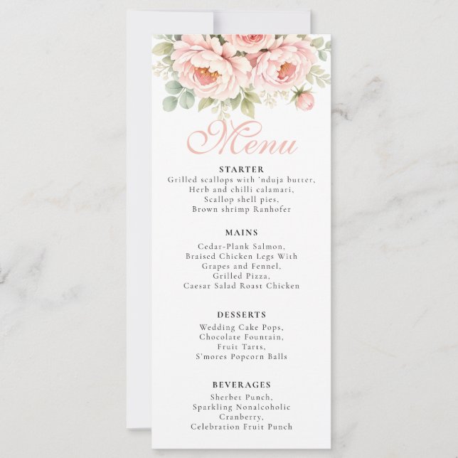 Blush Peony Wedding Menu Card (Devant)