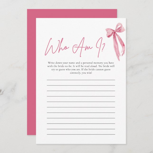 Blush Pink Bow Qui Suis-Je Carte De Jeu Fête des m (Devant / Derrière)
