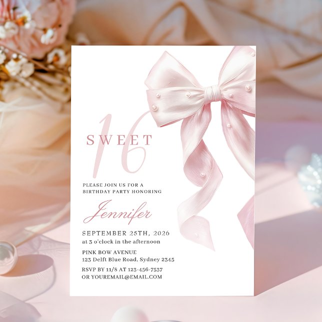 Blush Pink Bow Sweet 16 Birthday Invitation (Créateur téléchargé)