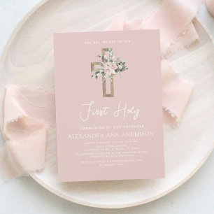 Blush Pink First Holy Communion Invitation florale