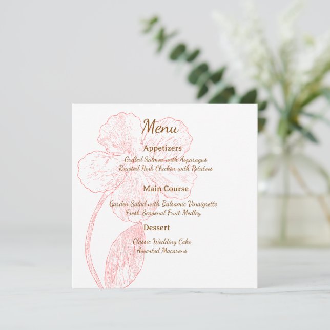 Blush Pink Floral Line Art Wedding Menu Card (Debout devant)
