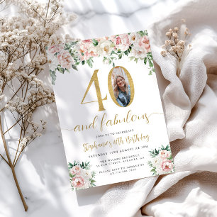 Blush Pink Floral Photo 40th Birthday Invitation