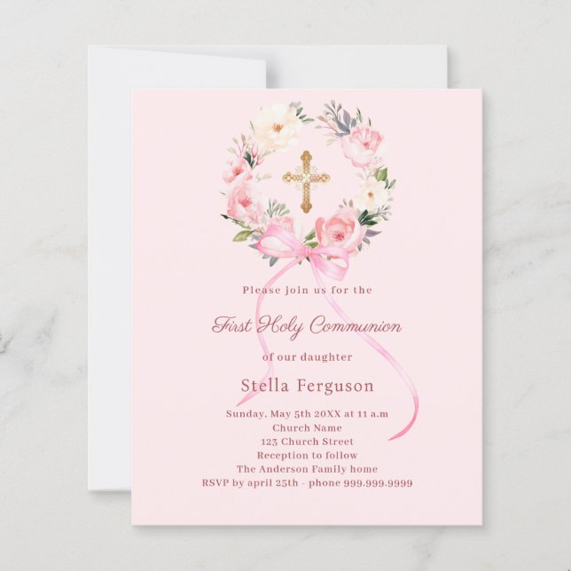 Blush pink florals bow First Communion invitation (Devant)