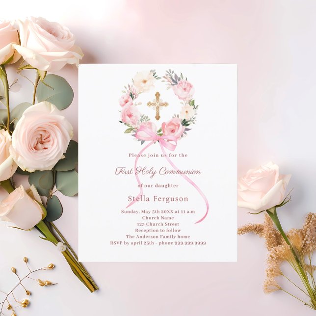 Blush pink florals bow First Communion invitation (Créateur téléchargé)