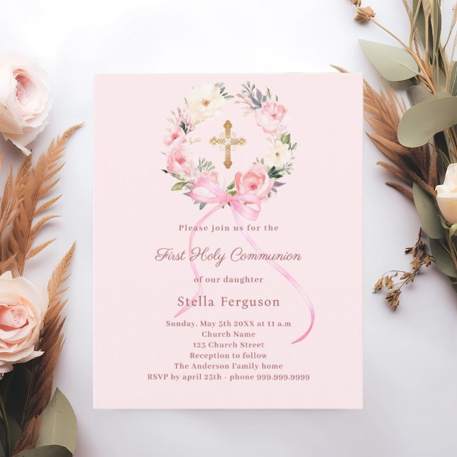 Blush pink florals bow First Communion invitation (Créateur téléchargé)