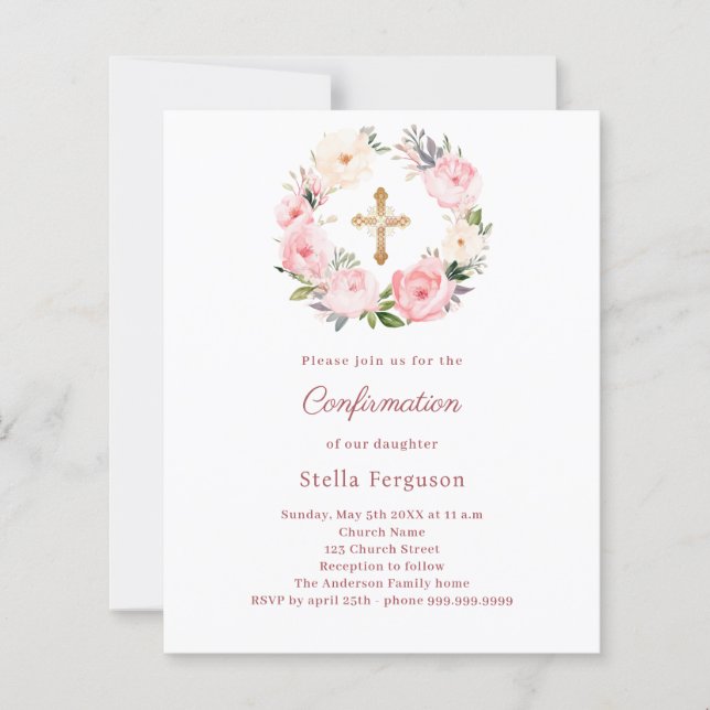 Blush pink florals cross Confirmation invitation (Devant)