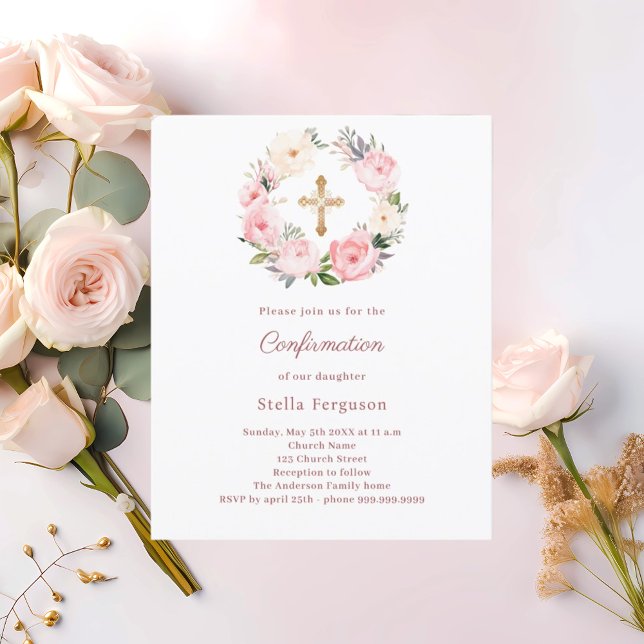 Blush pink florals cross Confirmation invitation (Créateur téléchargé)