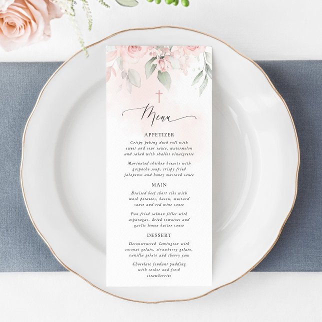 Blush Pink Flowers, Greenery, Boho, Baptism Menu (Créateur téléchargé)