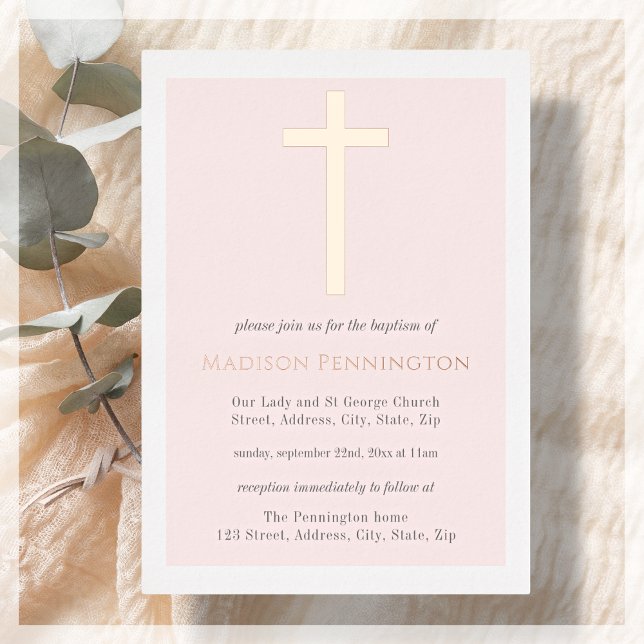 Blush Pink & Gold Cross Baptiser Foil Invitation (Créateur téléchargé)