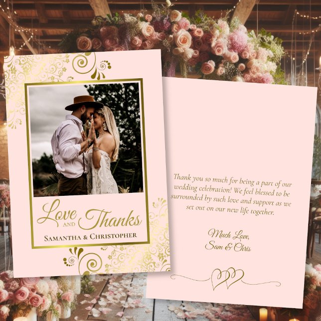 Blush Pink & Gold Love Merci Mariage photo et note (Front/Back)