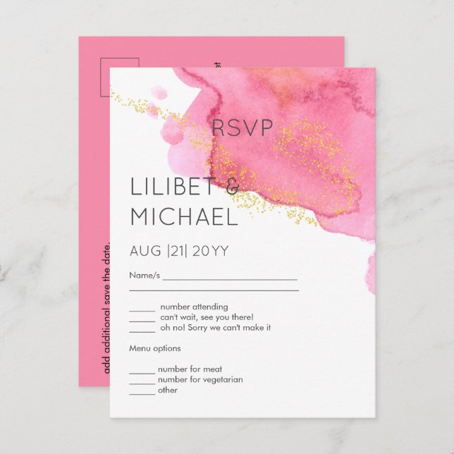 Blush Pink Gold Modern Wedding RSVP avec menu (Devant / Derrière)