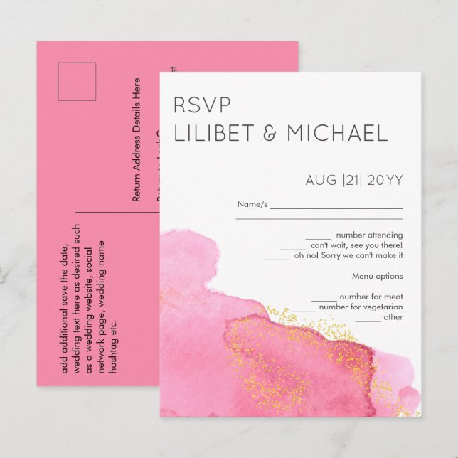 Blush Pink Gold Modern Wedding RSVP avec menu (Devant / Derrière)